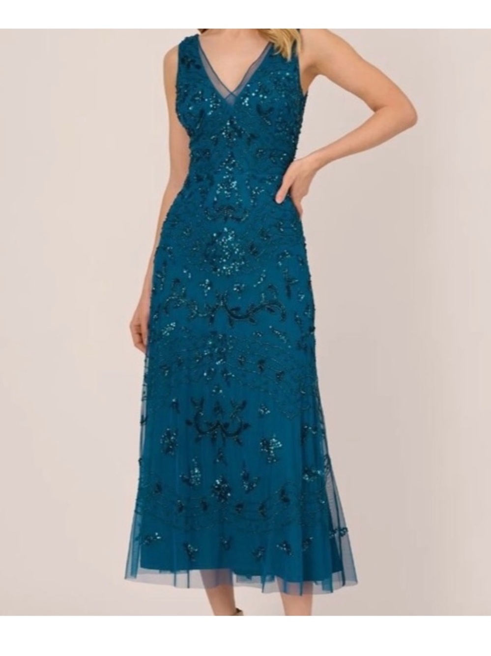 Adrianna Papell Dress SZ 14 Teal Beaded Sequin Midi Formal MOB GALA NWT Cocktail